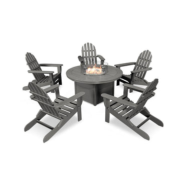 POLYWOOD Classic Folding Adirondack 6-Piece Conversation Set W/ Fire Pit Table - Slate Grey
